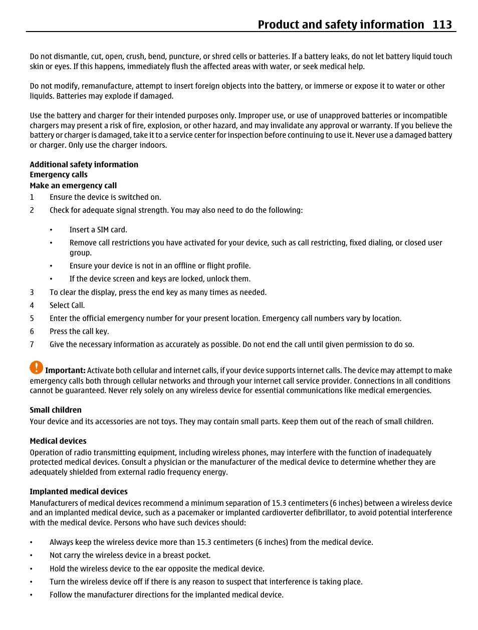 Additional safety information, Emergency calls, Small children | Medical devices, Implanted medical devices, Product and safety information 113 | Nokia C5-03 User Manual | Page 113 / 116