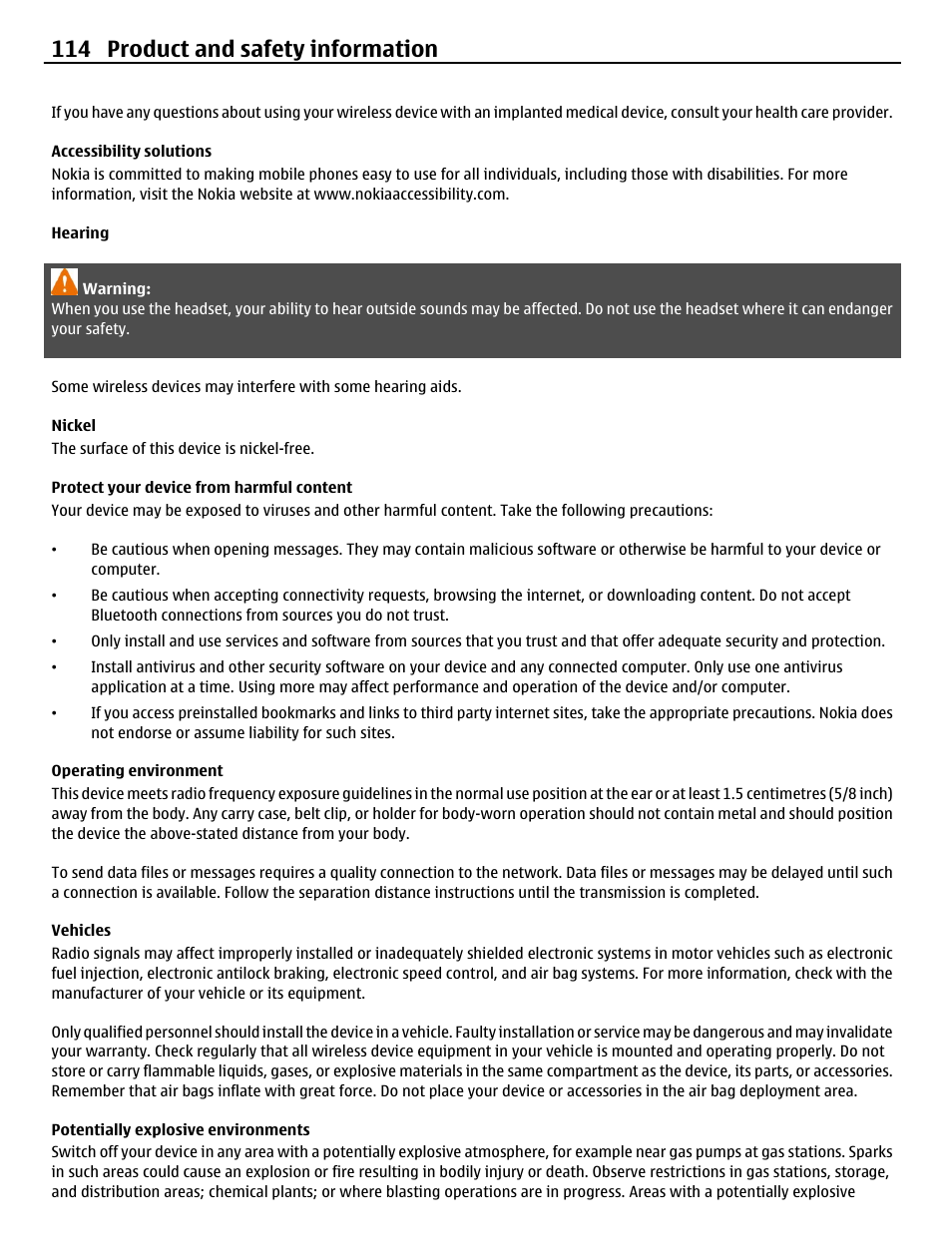 Accessibility solutions, Hearing, Nickel | Protect your device from harmful content, Operating environment, Vehicles, Potentially explosive environments, 114 product and safety information | Nokia C5-03 User Manual | Page 114 / 116