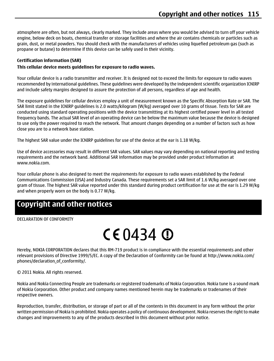 Certification information (sar), Copyright and other notices, Copyright and other notices 115 | Nokia C5-03 User Manual | Page 115 / 116