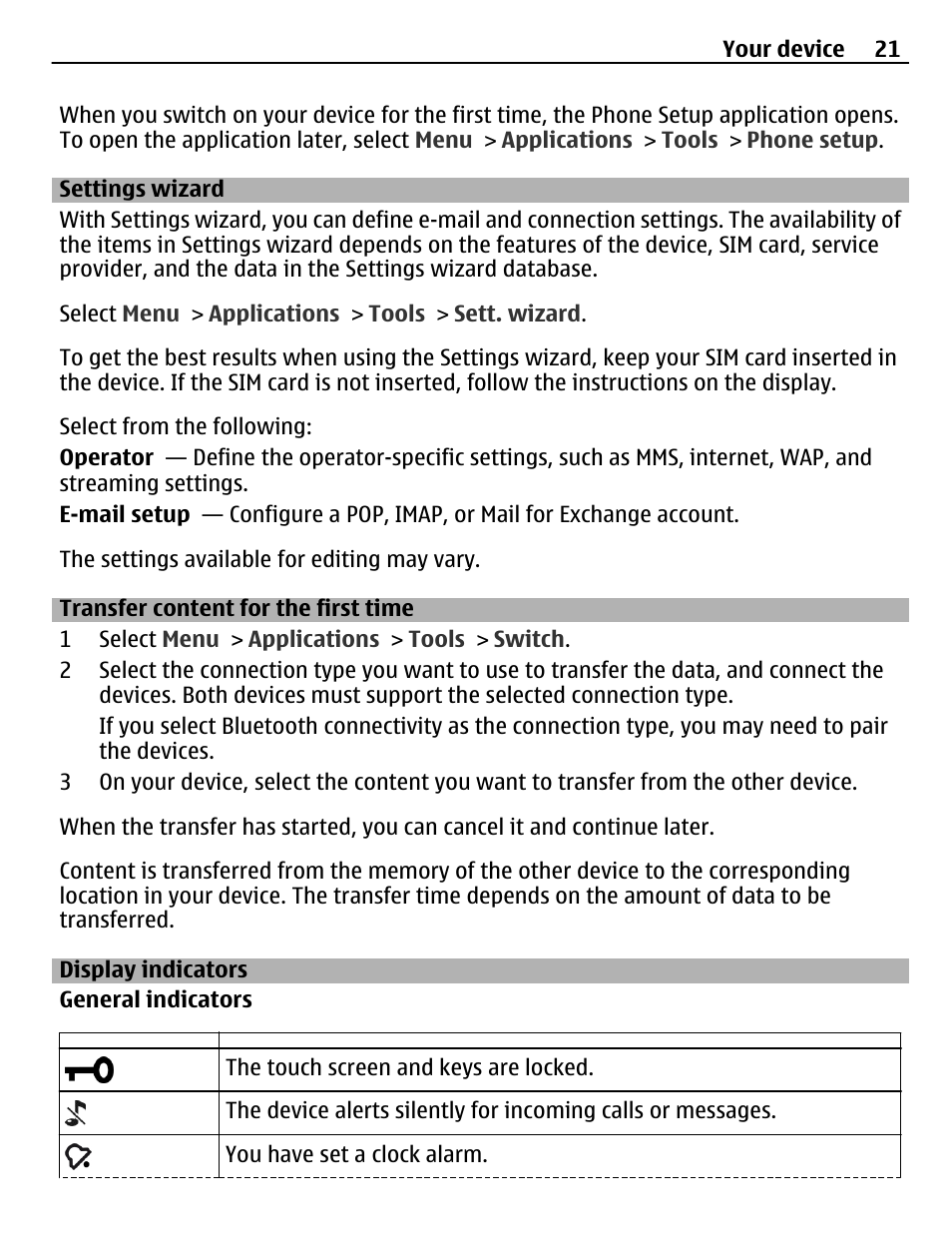 Settings wizard, Transfer content for the first time, Display indicators | Nokia C5-03 User Manual | Page 21 / 116