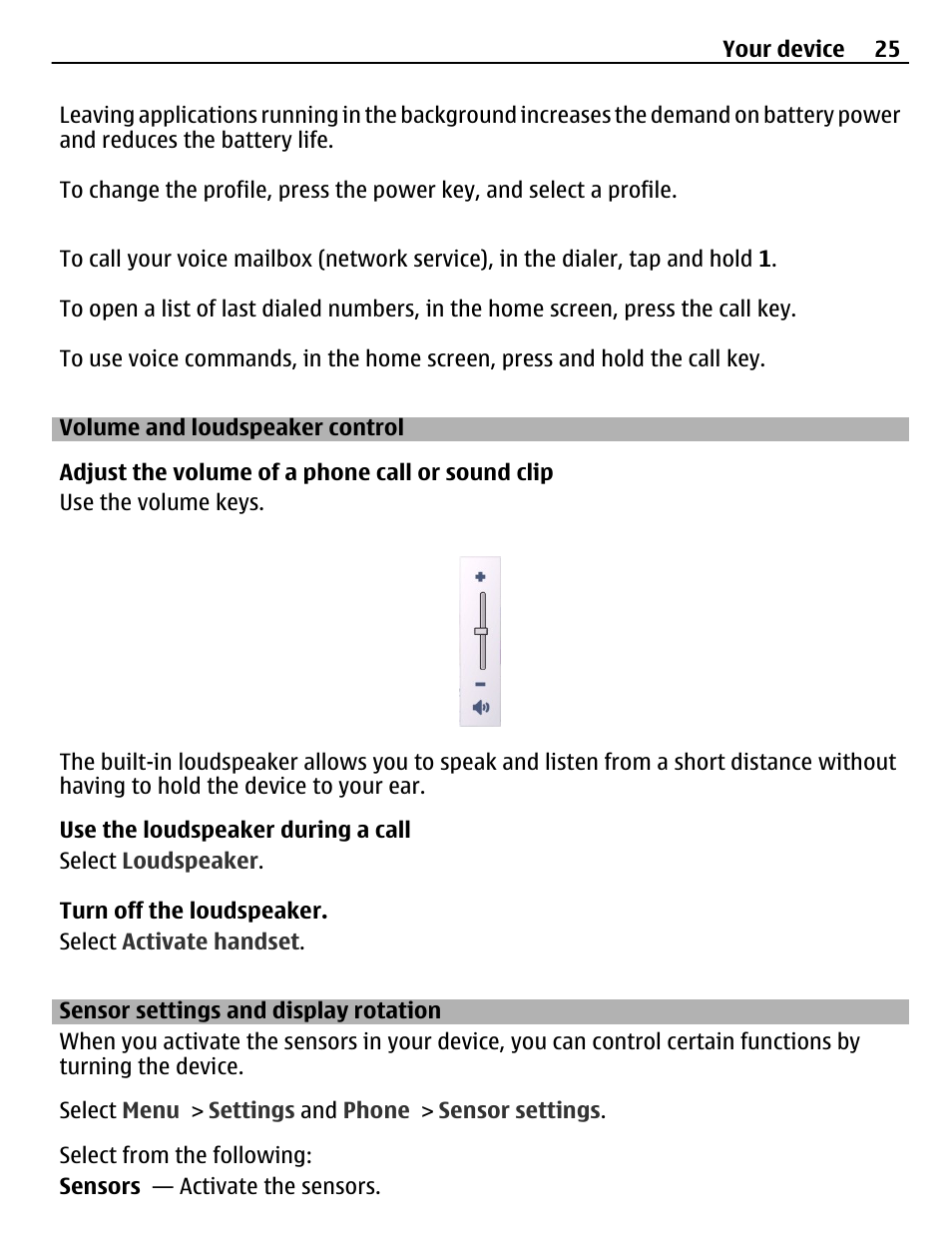 Volume and loudspeaker control, Sensor settings and display rotation, Sensor settings and display rotation 25 | Nokia C5-03 User Manual | Page 25 / 116