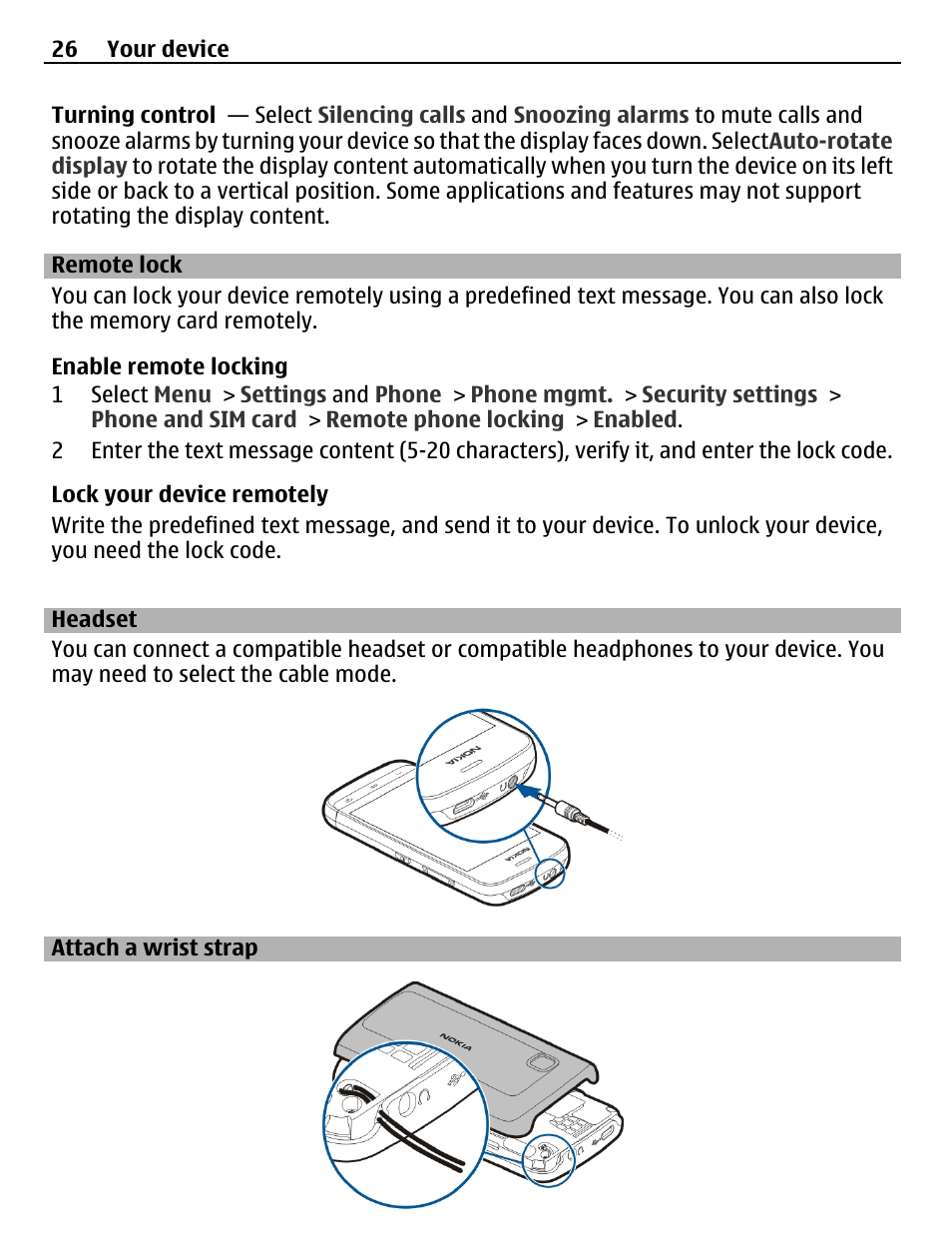 Remote lock, Headset, Attach a wrist strap | Nokia C5-03 User Manual | Page 26 / 116
