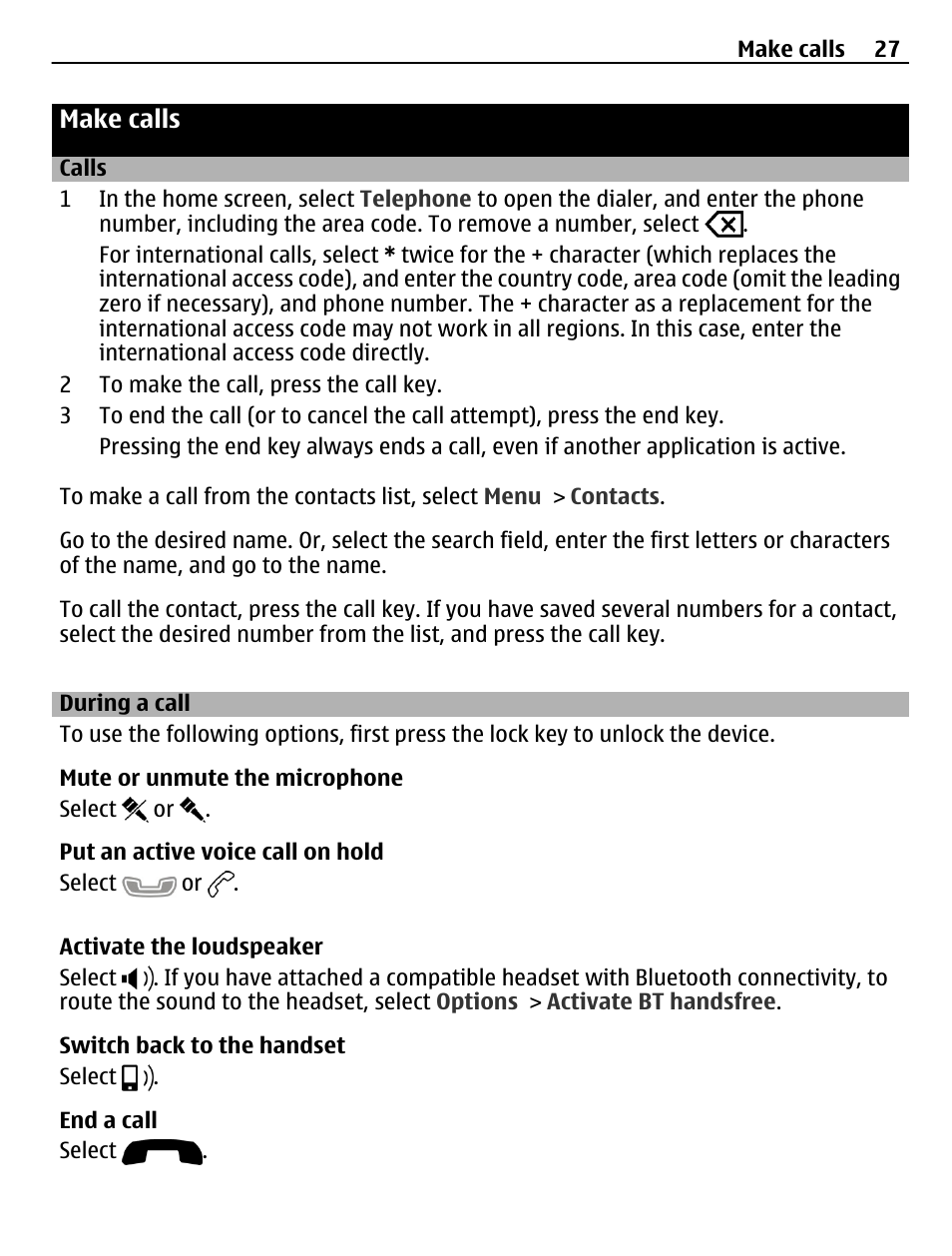 Make calls, Calls, During a call | Calls 27 | Nokia C5-03 User Manual | Page 27 / 116