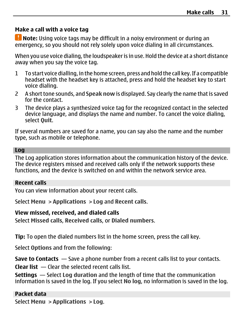 Recent calls, Packet data, Log 31 | Nokia C5-03 User Manual | Page 31 / 116