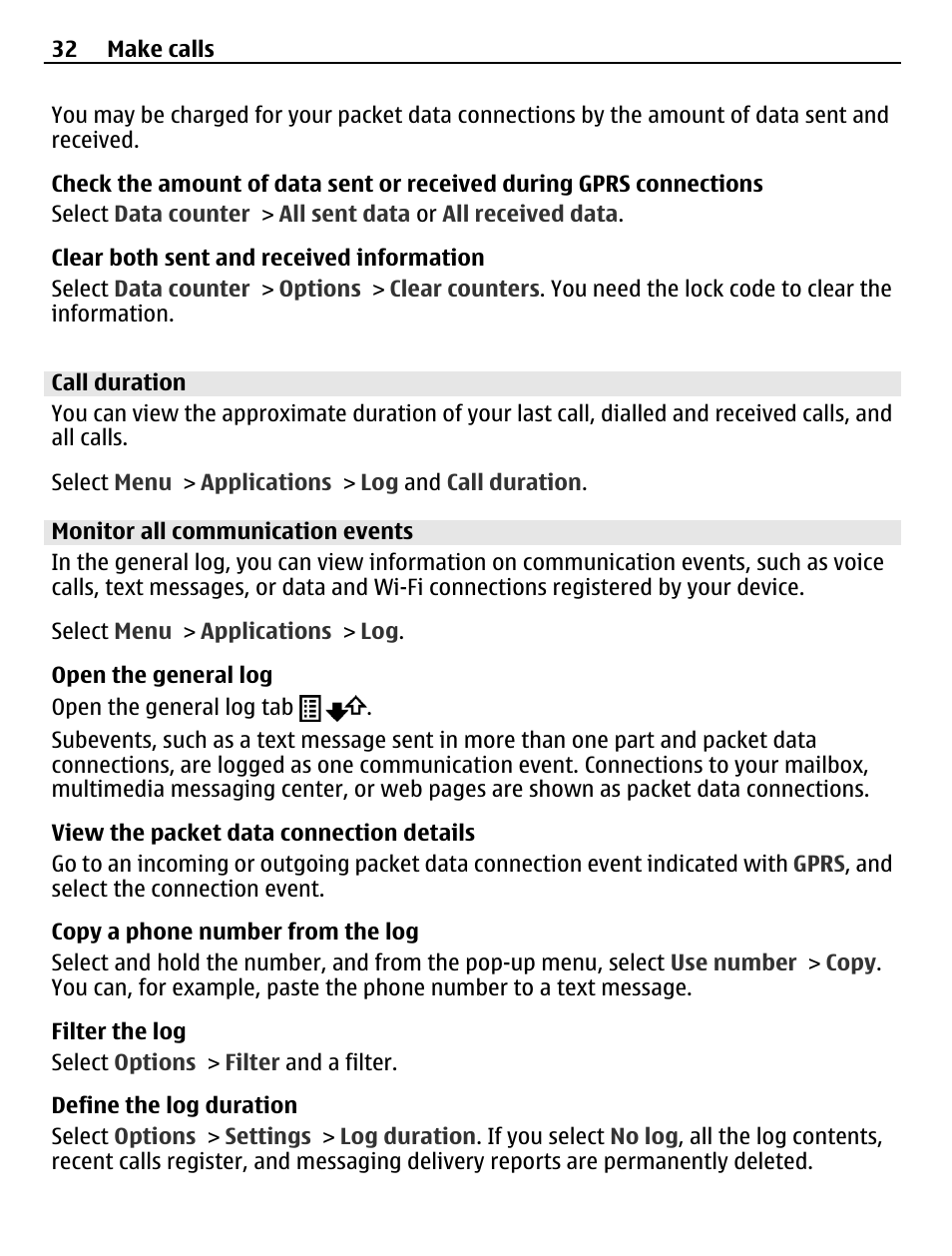 Call duration, Monitor all communication events | Nokia C5-03 User Manual | Page 32 / 116