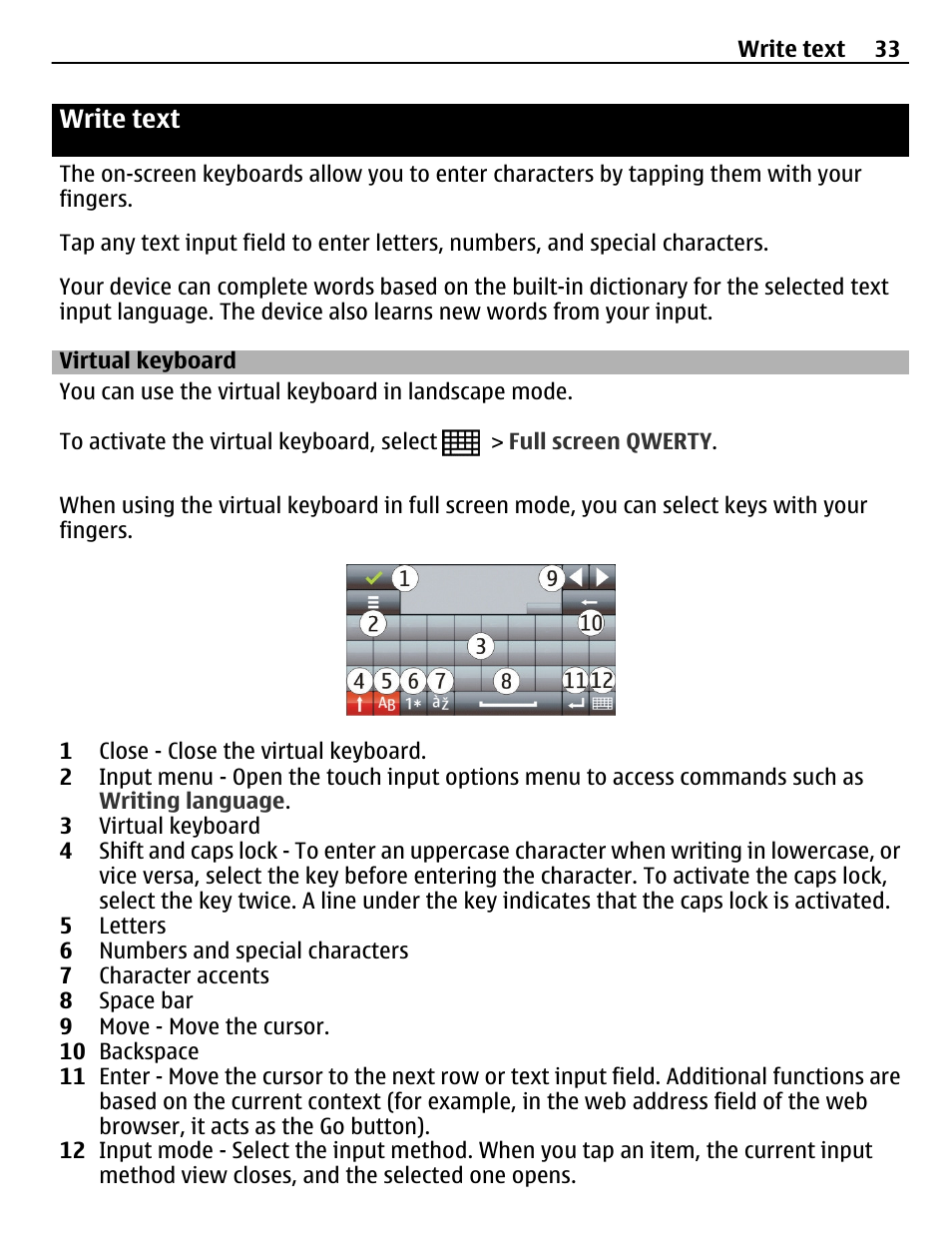 Write text, Virtual keyboard | Nokia C5-03 User Manual | Page 33 / 116