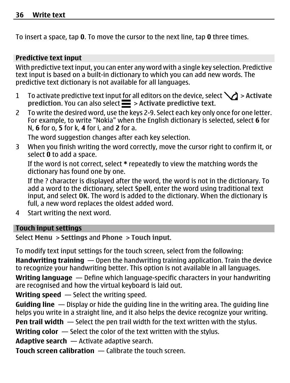 Predictive text input, Touch input settings | Nokia C5-03 User Manual | Page 36 / 116