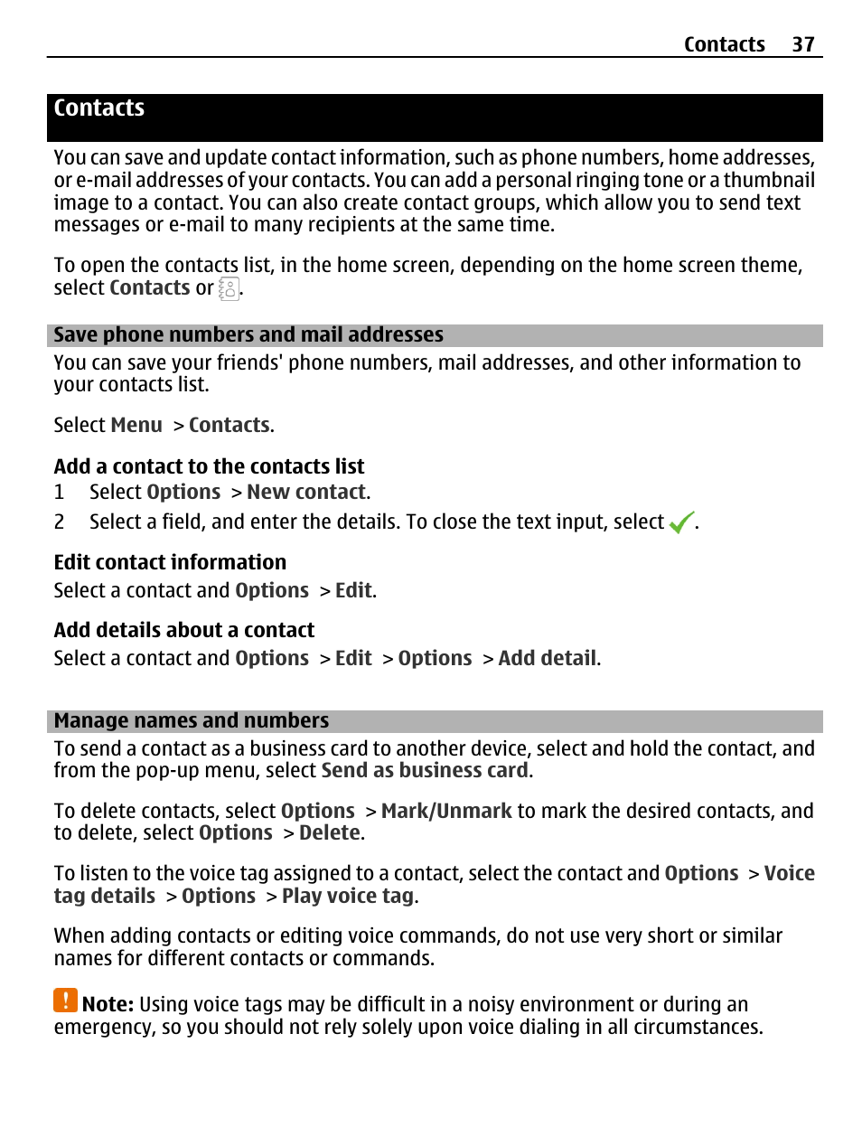 Contacts, Save phone numbers and mail addresses, Manage names and numbers | Save phone numbers and mail, Addresses | Nokia C5-03 User Manual | Page 37 / 116