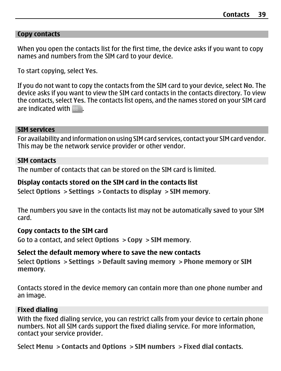 Copy contacts, Sim services, Sim contacts | Fixed dialing | Nokia C5-03 User Manual | Page 39 / 116
