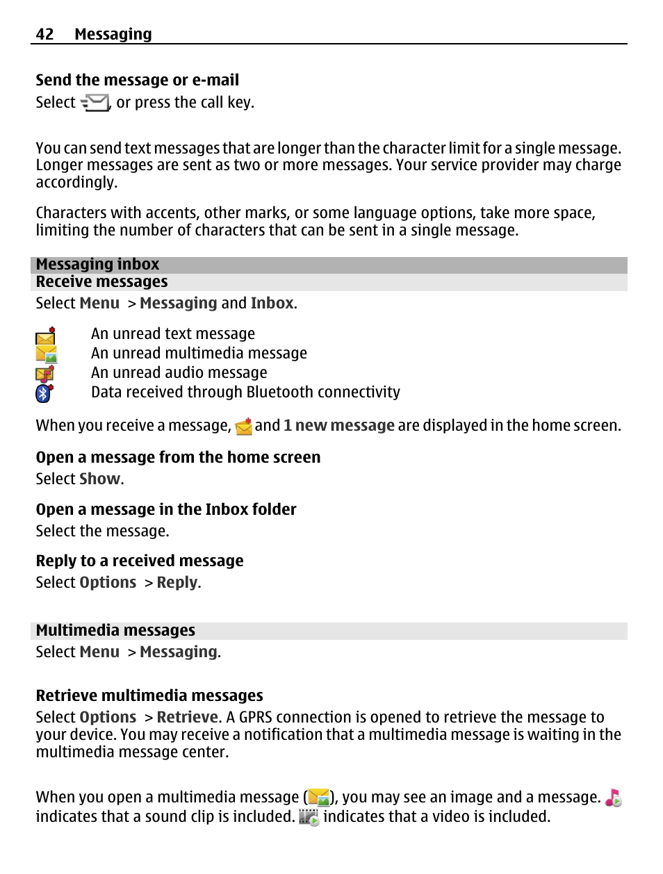 Messaging inbox, Receive messages, Multimedia messages | Nokia C5-03 User Manual | Page 42 / 116