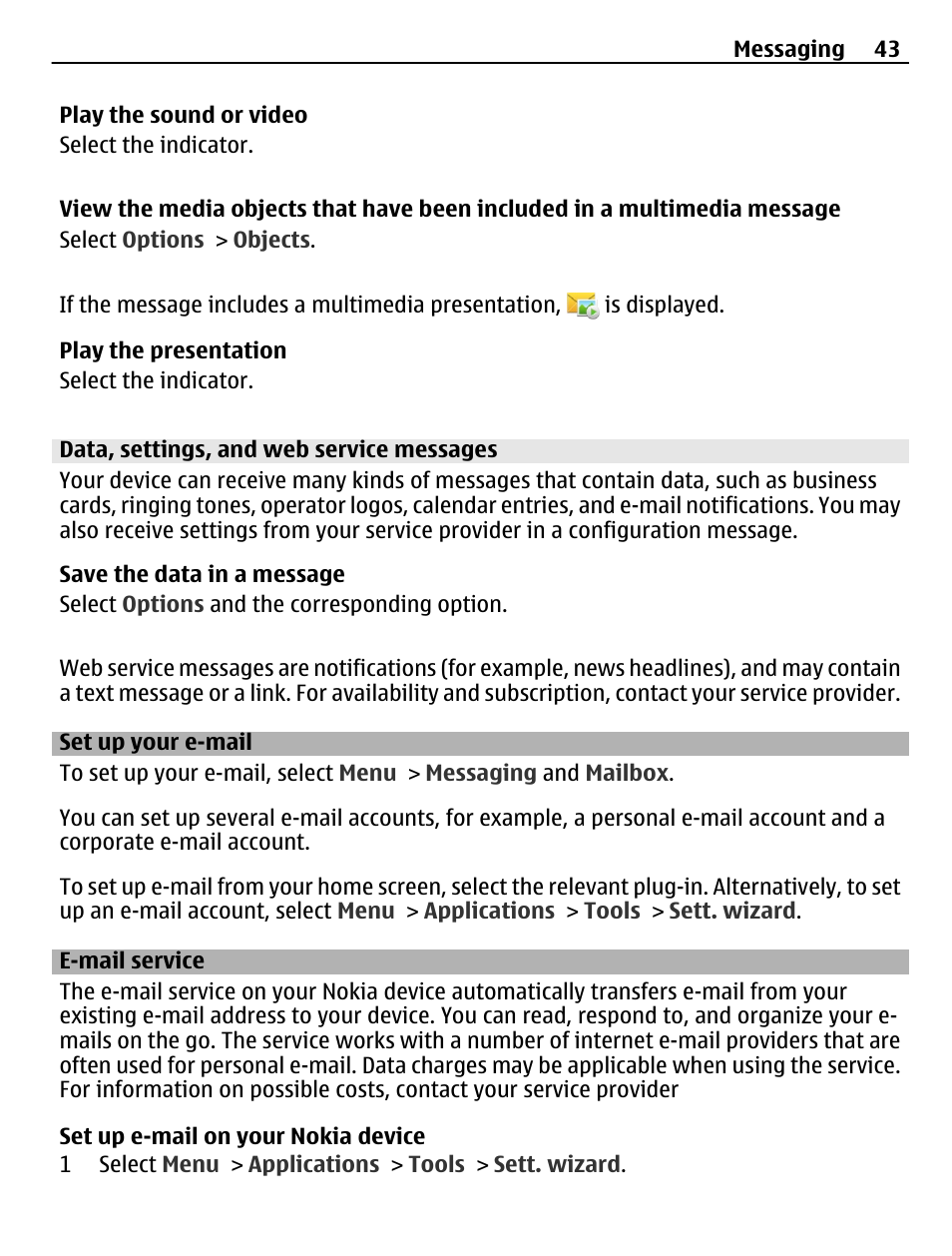 Data, settings, and web service messages, Set up your e-mail, E-mail service | Nokia C5-03 User Manual | Page 43 / 116