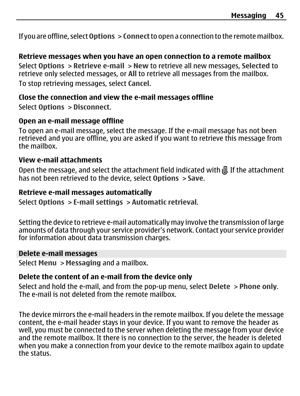 Delete e-mail messages | Nokia C5-03 User Manual | Page 45 / 116