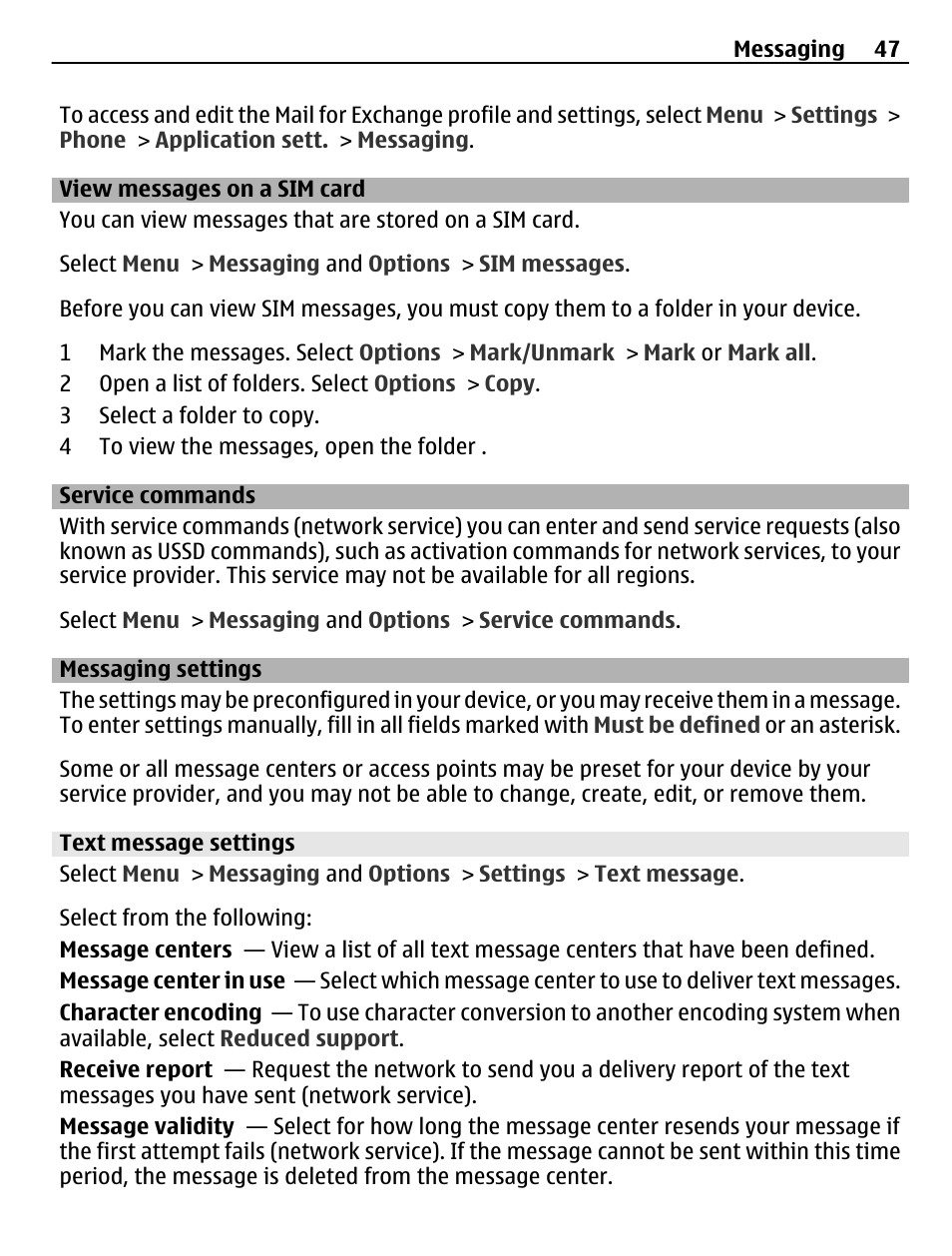 View messages on a sim card, Service commands, Messaging settings | Text message settings | Nokia C5-03 User Manual | Page 47 / 116