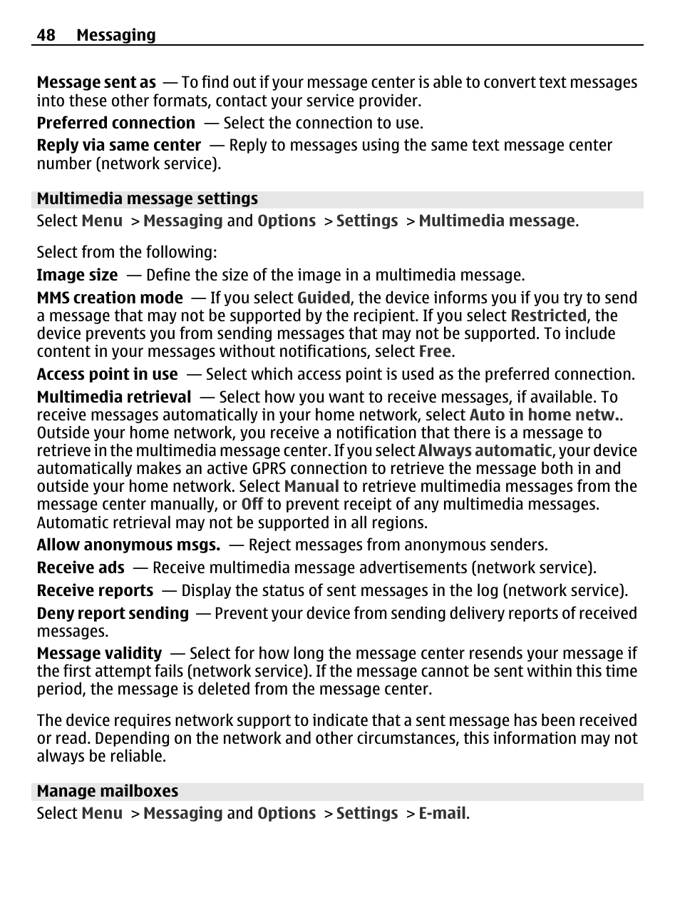 Multimedia message settings, Manage mailboxes | Nokia C5-03 User Manual | Page 48 / 116