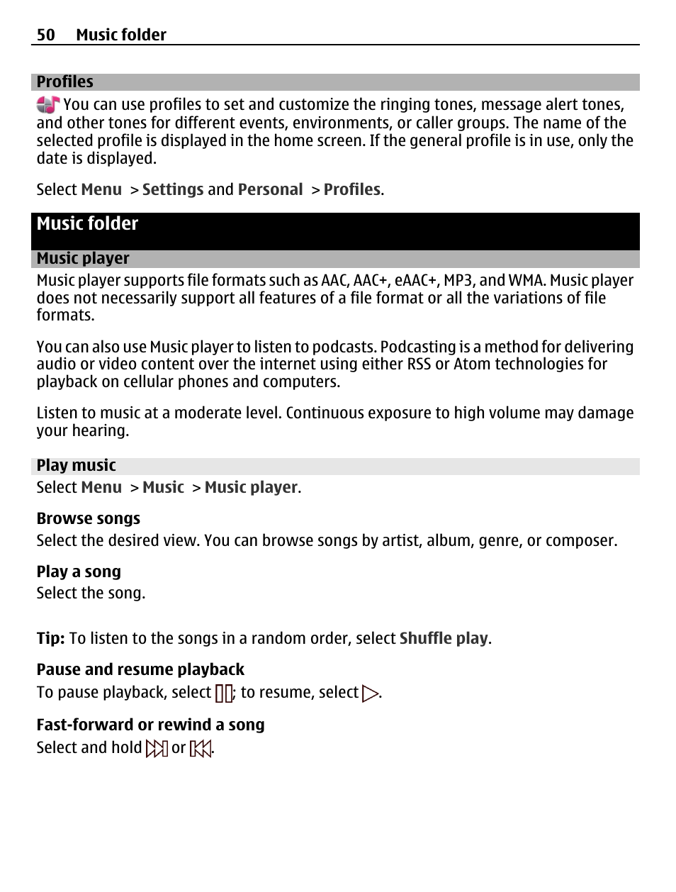 Profiles, Music folder, Music player | Play music | Nokia C5-03 User Manual | Page 50 / 116