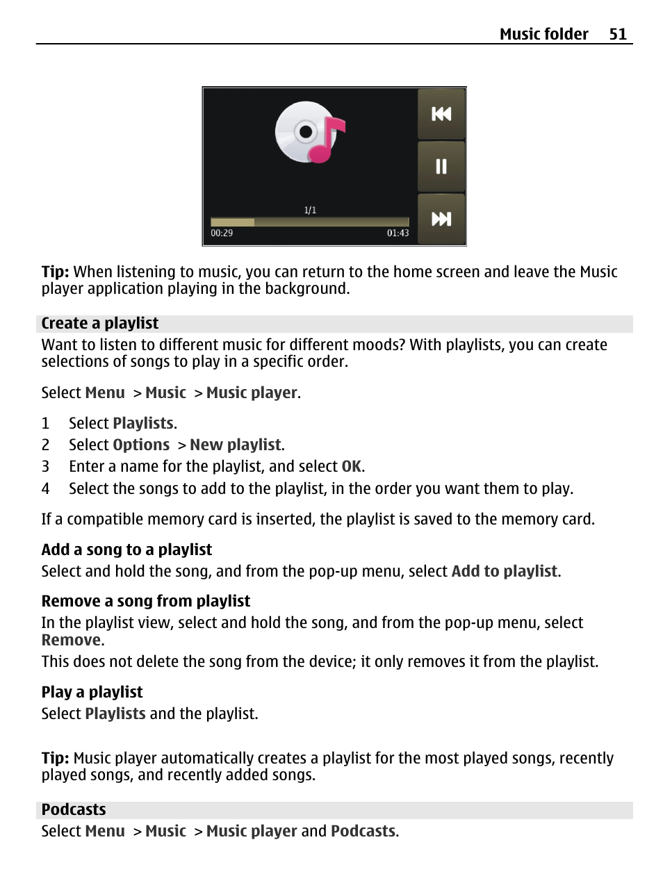 Create a playlist, Podcasts | Nokia C5-03 User Manual | Page 51 / 116