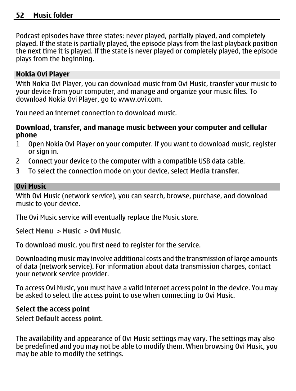 Nokia ovi player, Ovi music | Nokia C5-03 User Manual | Page 52 / 116