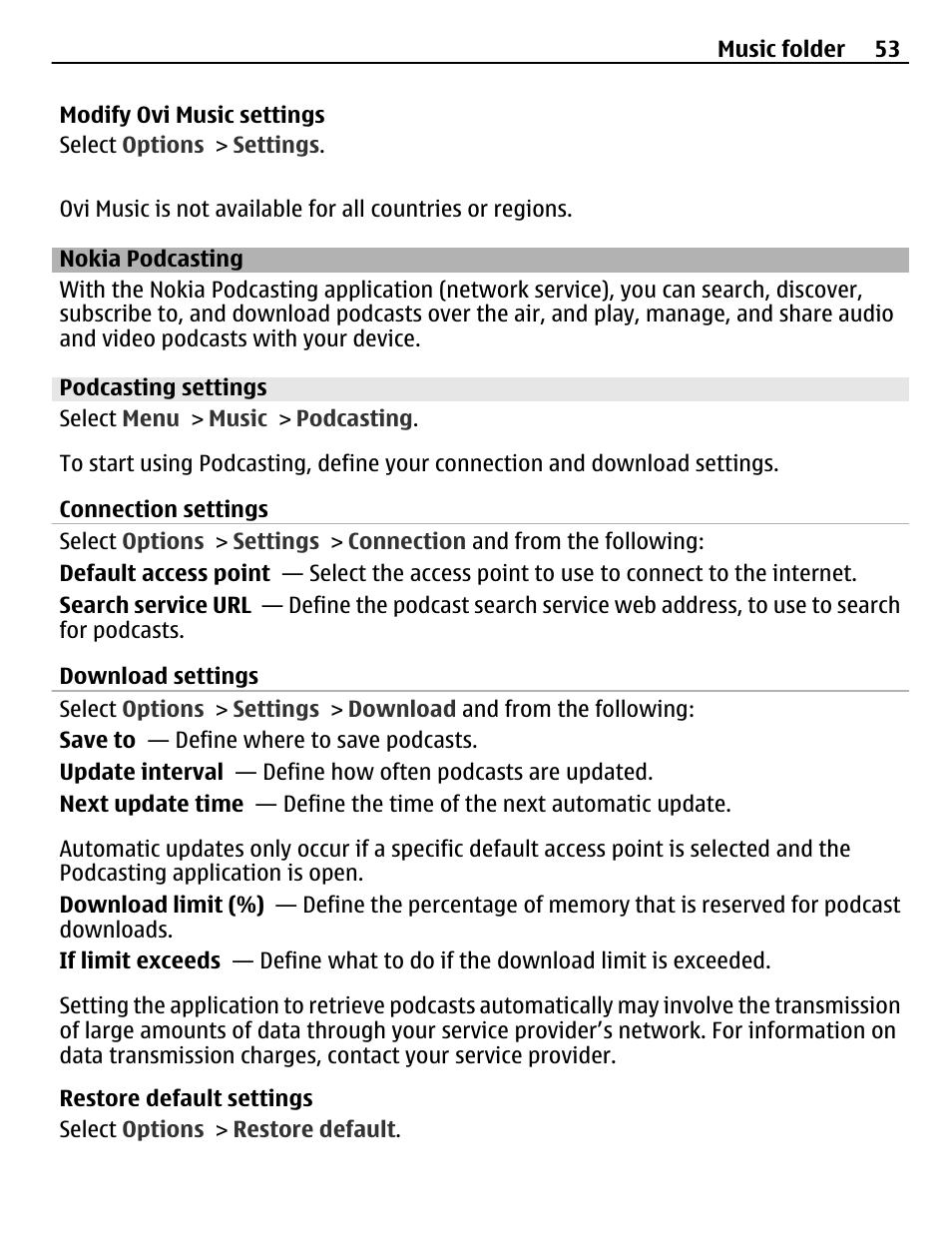 Nokia podcasting, Podcasting settings | Nokia C5-03 User Manual | Page 53 / 116
