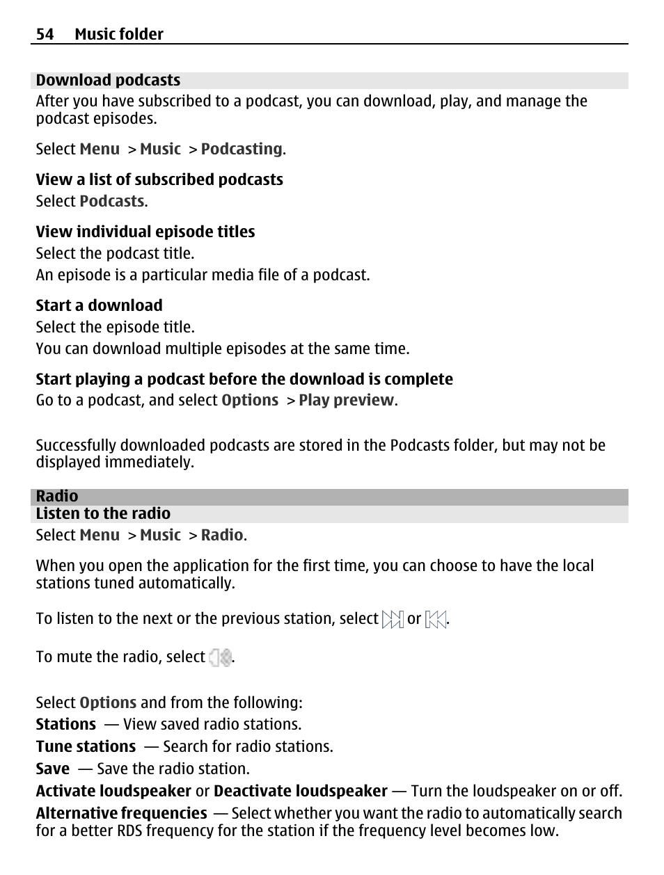 Download podcasts, Radio, Listen to the radio | Nokia C5-03 User Manual | Page 54 / 116