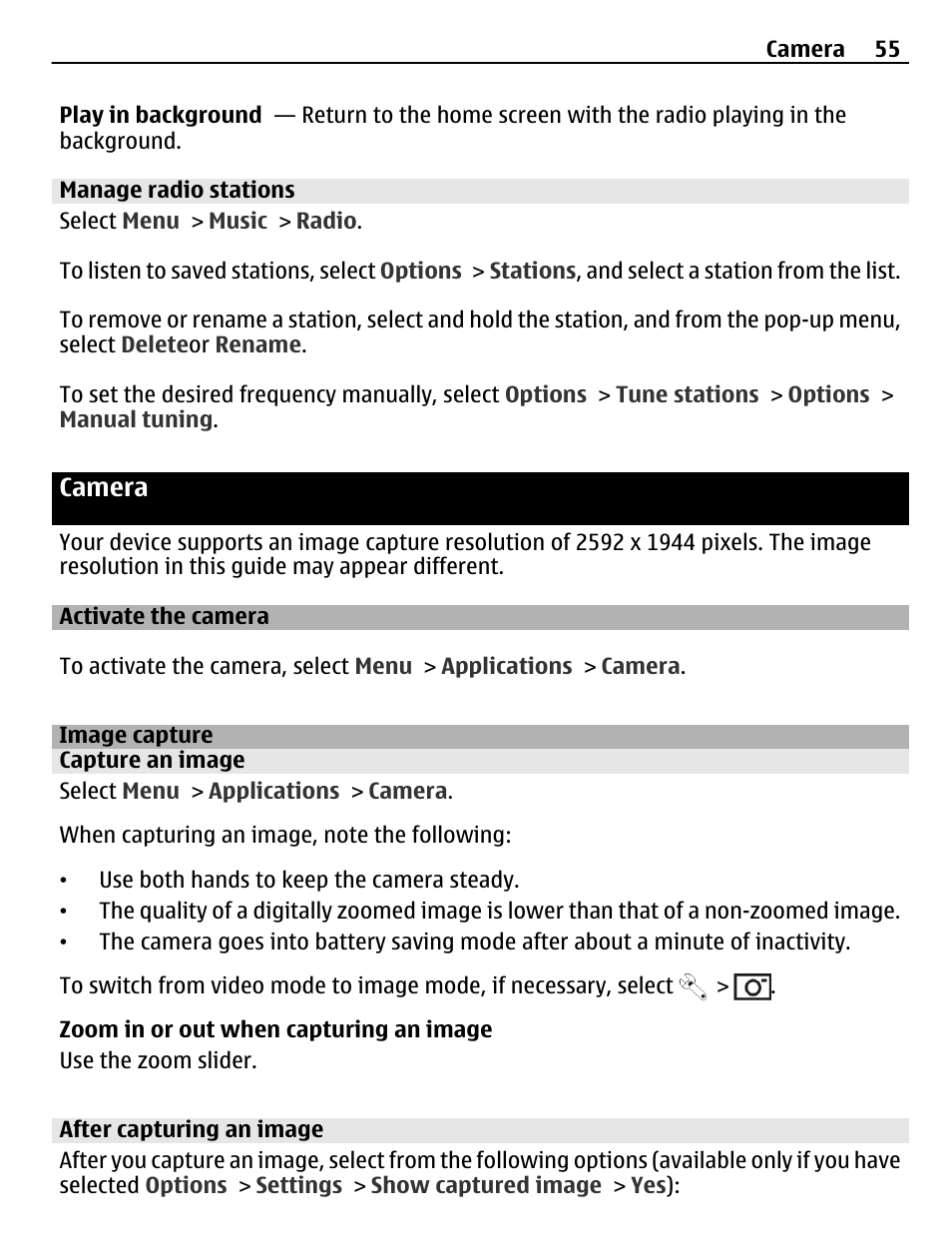 Manage radio stations, Camera, Activate the camera | Image capture, Capture an image, After capturing an image | Nokia C5-03 User Manual | Page 55 / 116