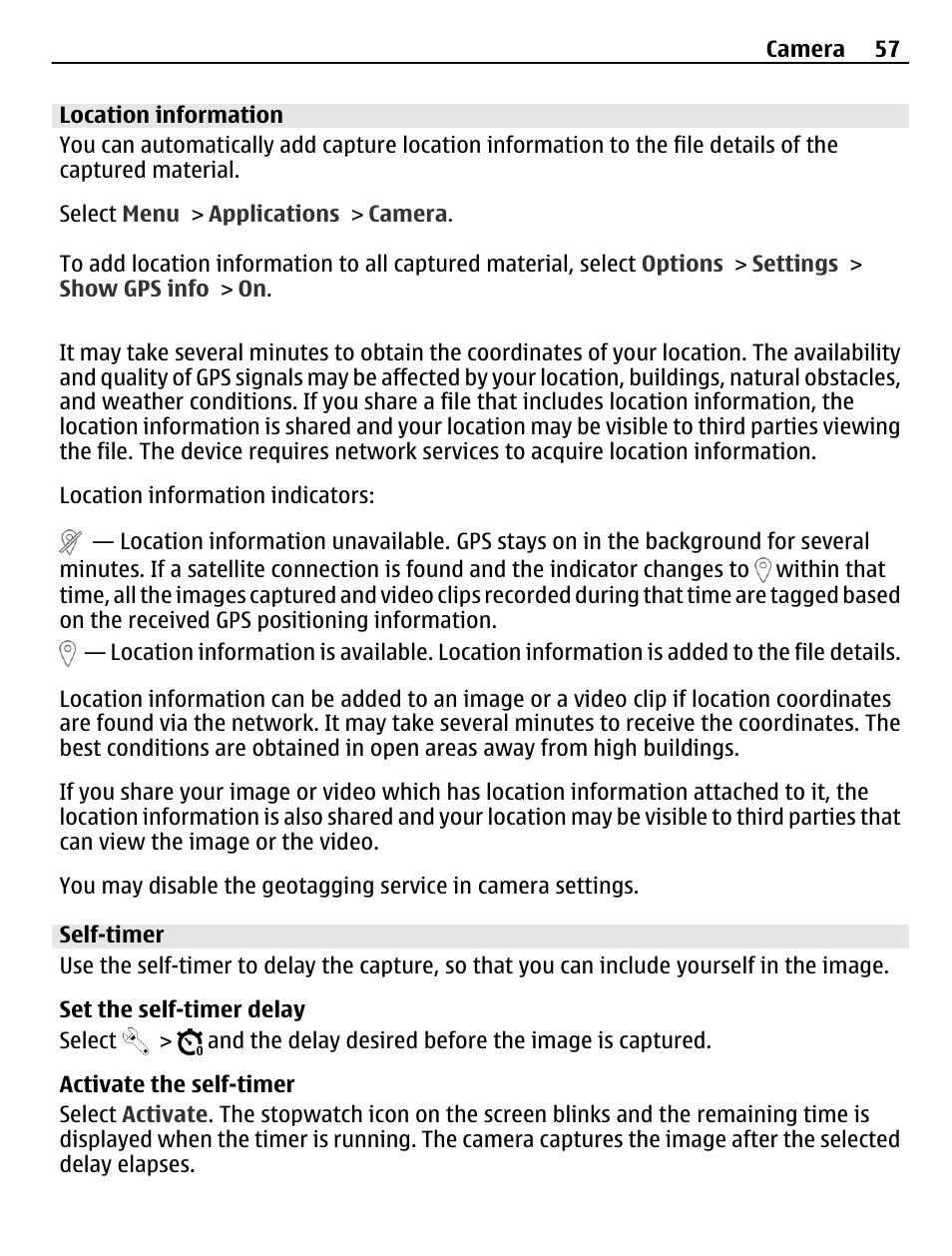 Location information, Self-timer | Nokia C5-03 User Manual | Page 57 / 116