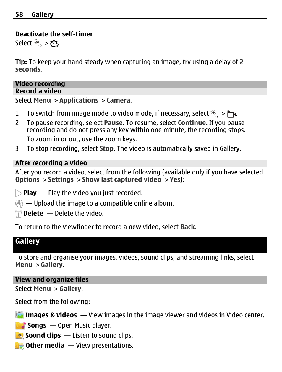 Video recording, Record a video, After recording a video | Gallery, View and organize files | Nokia C5-03 User Manual | Page 58 / 116