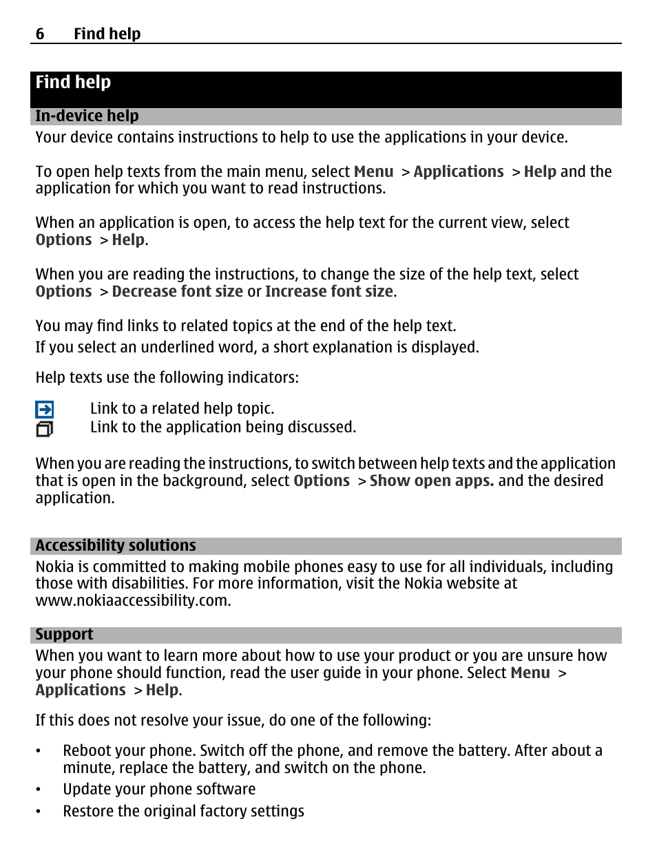 Find help, In-device help, Accessibility solutions | Support | Nokia C5-03 User Manual | Page 6 / 116