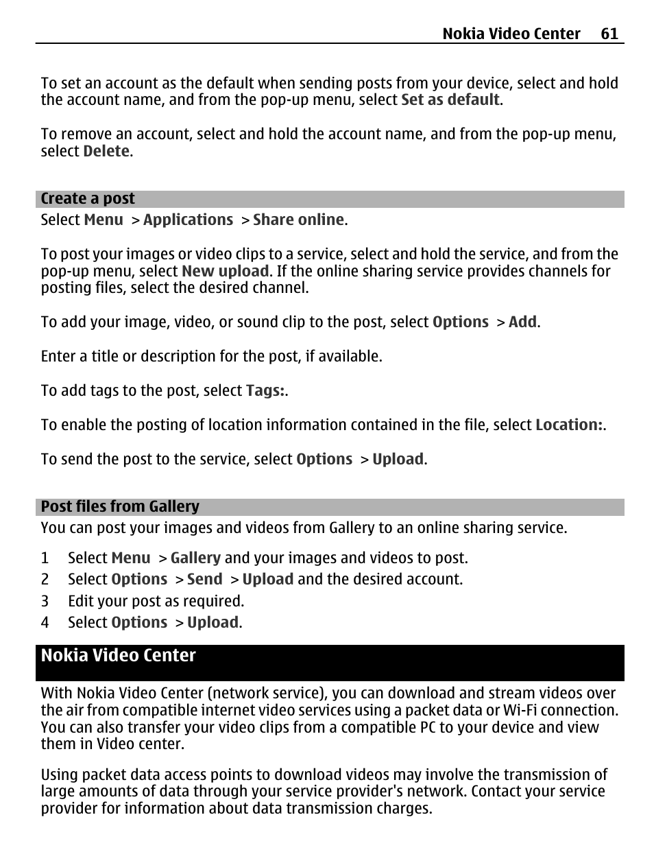 Create a post, Post files from gallery, Nokia video center | Nokia C5-03 User Manual | Page 61 / 116