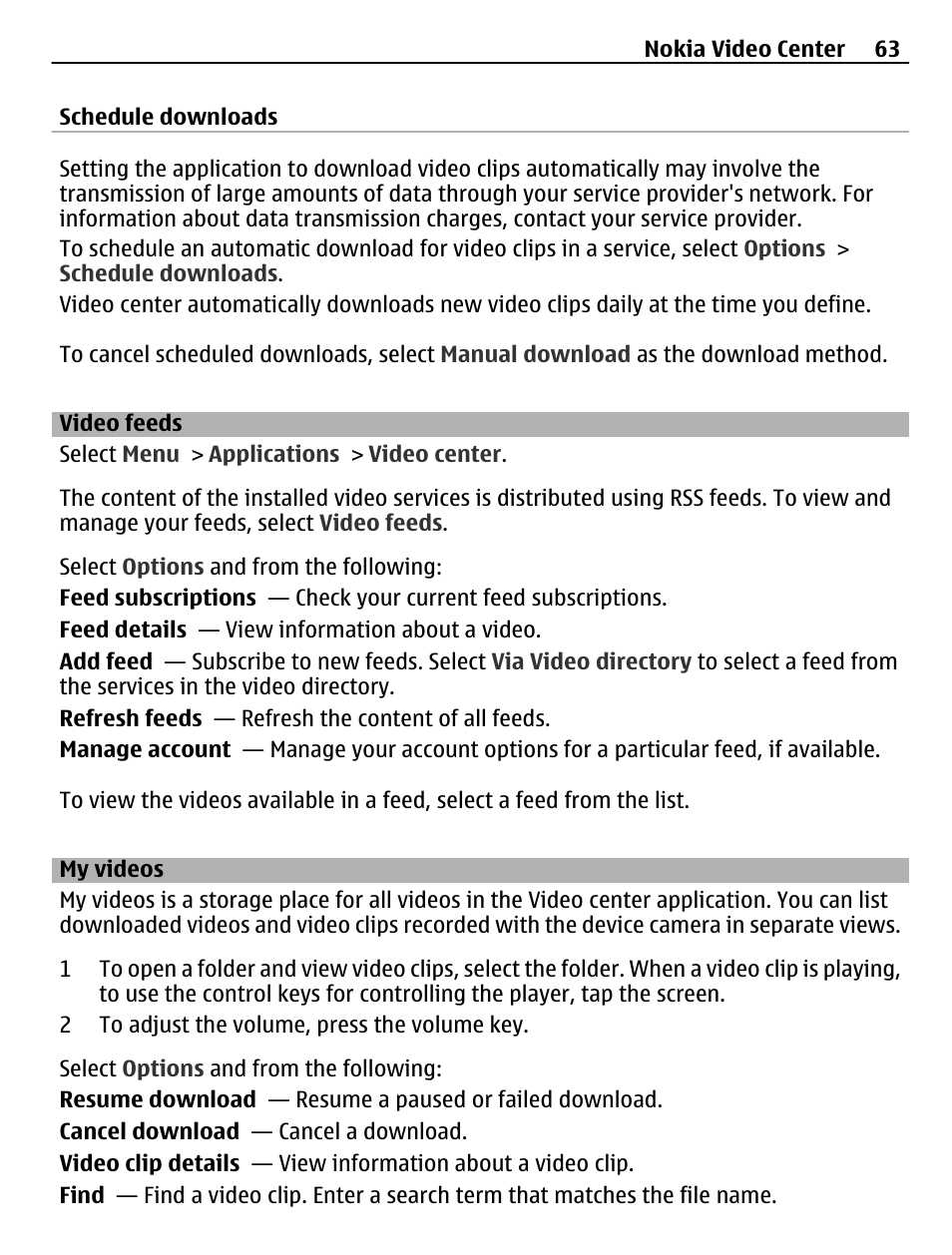 Video feeds, My videos | Nokia C5-03 User Manual | Page 63 / 116