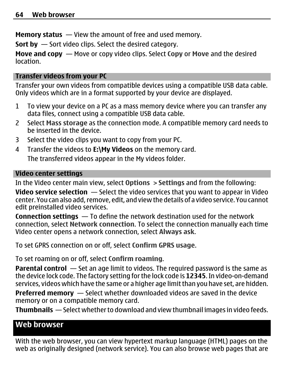 Transfer videos from your pc, Video center settings, Web browser | Nokia C5-03 User Manual | Page 64 / 116
