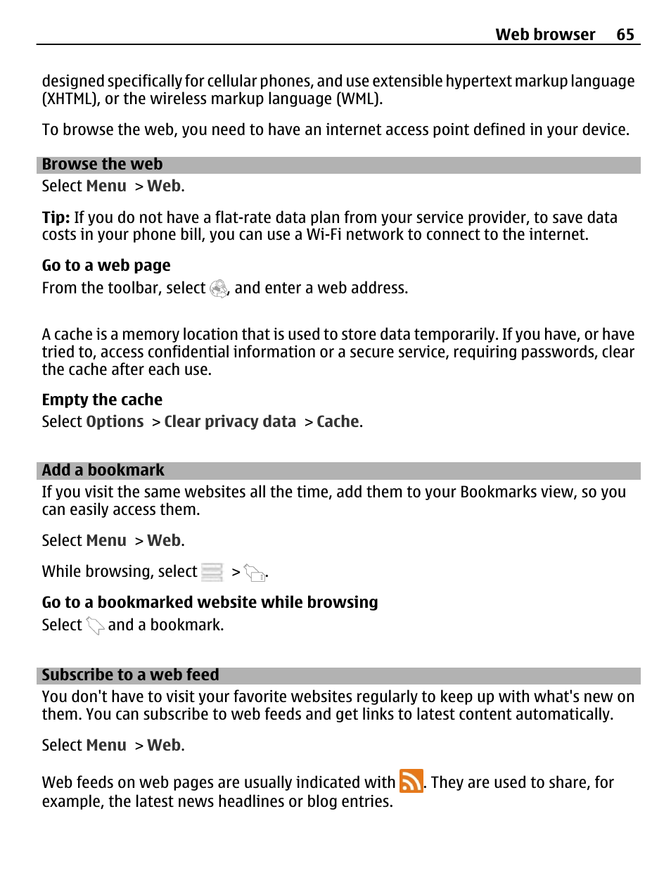Browse the web, Add a bookmark, Subscribe to a web feed | Nokia C5-03 User Manual | Page 65 / 116