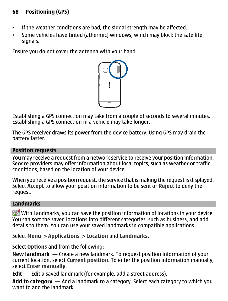 Position requests, Landmarks | Nokia C5-03 User Manual | Page 68 / 116