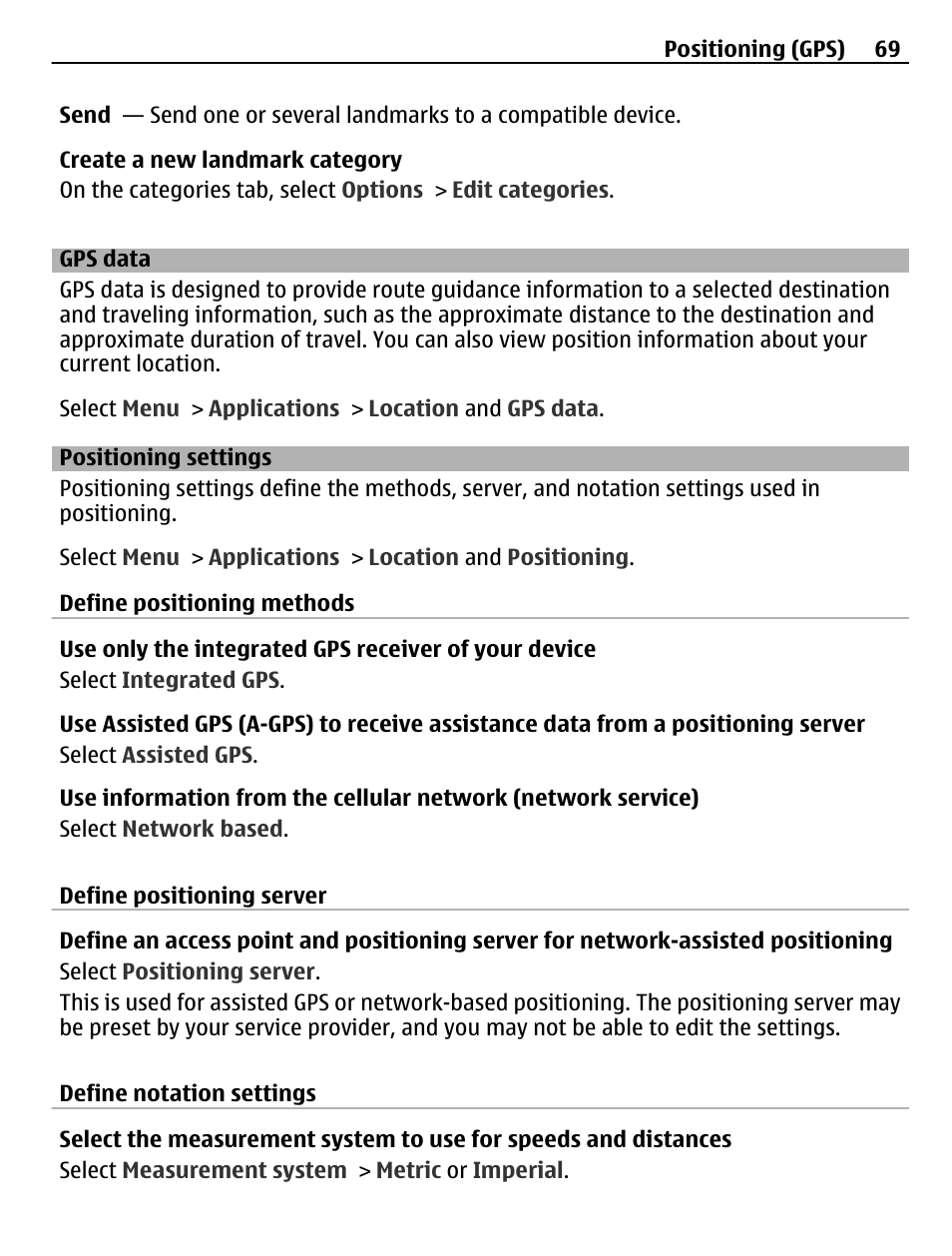 Gps data, Positioning settings | Nokia C5-03 User Manual | Page 69 / 116