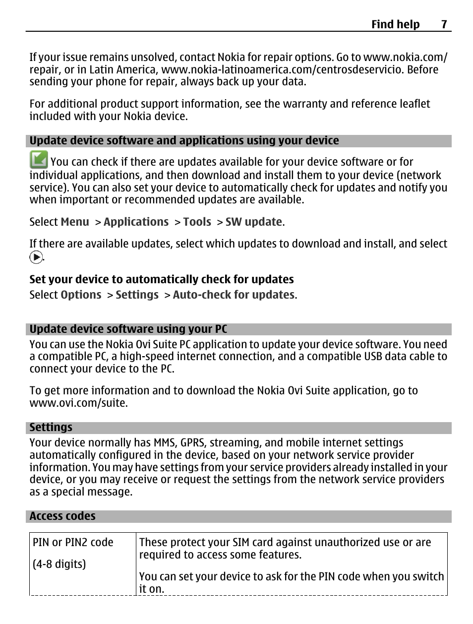 Update device software using your pc, Settings, Access codes | Update device software and, Applications using your device, Update device software using your pc 7 | Nokia C5-03 User Manual | Page 7 / 116