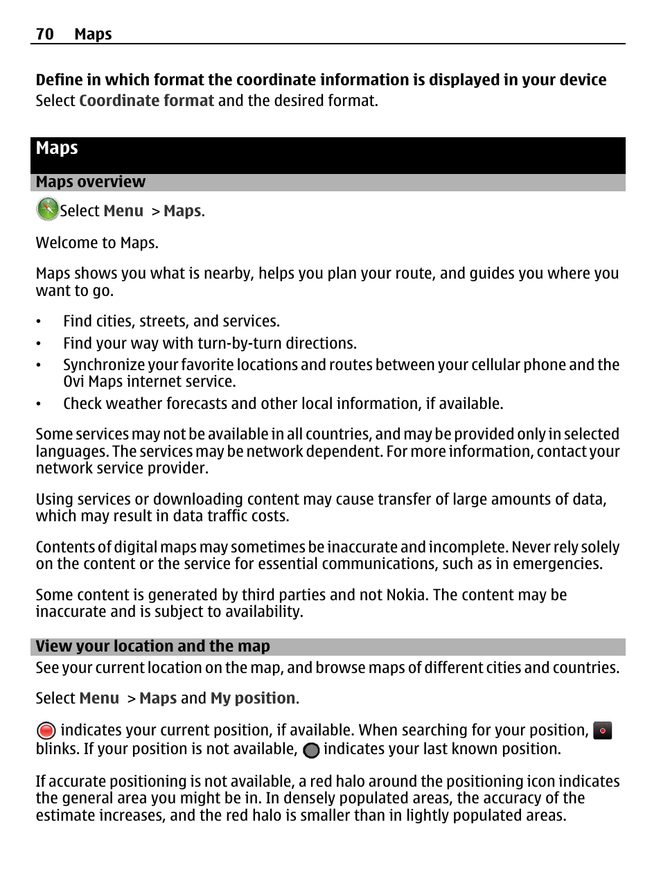 Maps, Maps overview, View your location and the map | Nokia C5-03 User Manual | Page 70 / 116