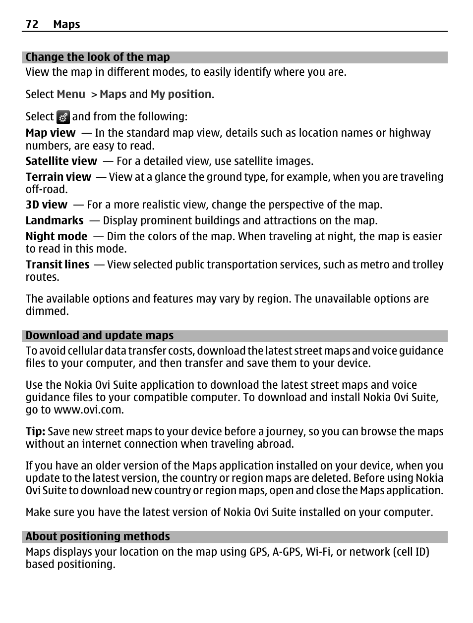 Change the look of the map, Download and update maps, About positioning methods | Nokia C5-03 User Manual | Page 72 / 116