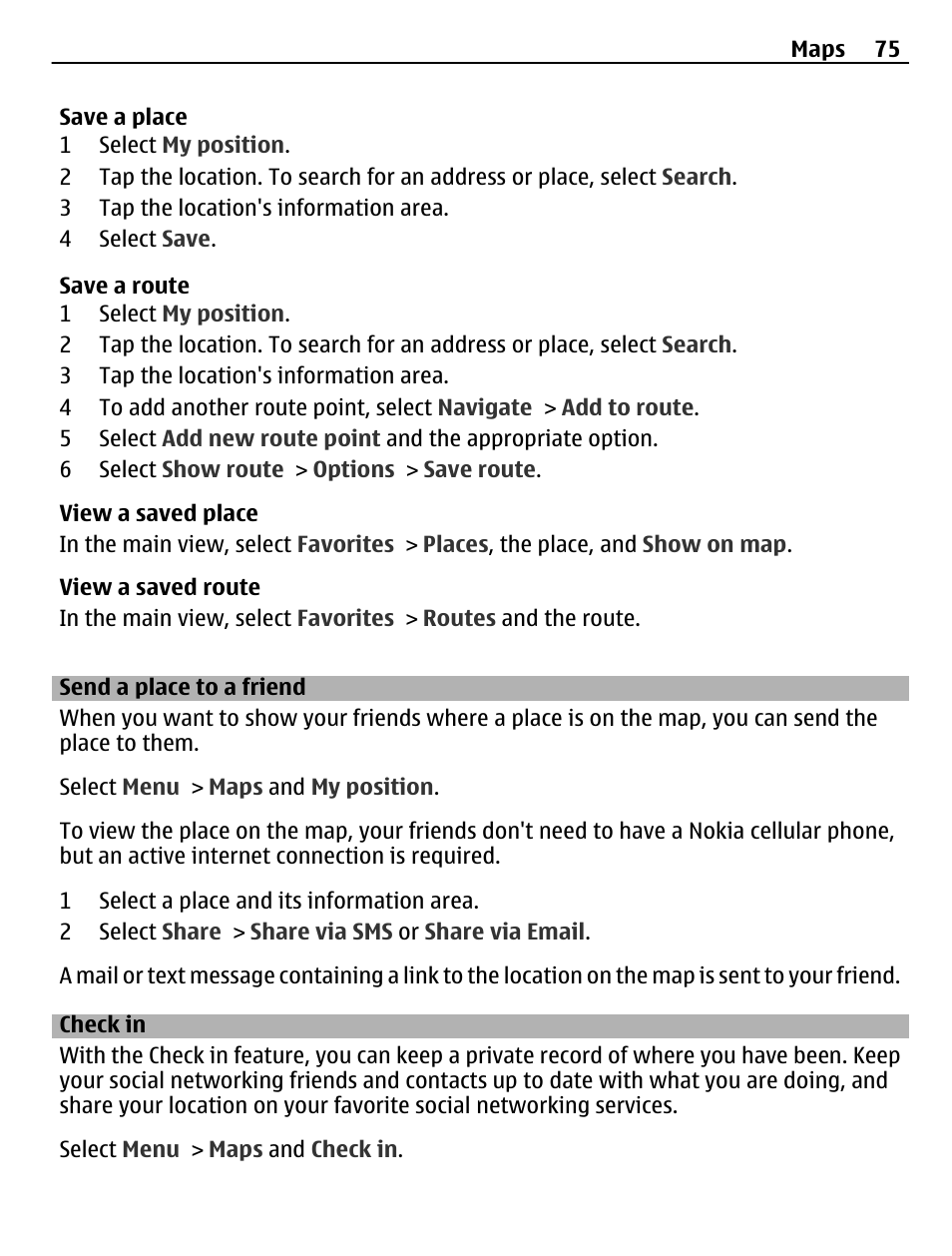 Send a place to a friend, Check in | Nokia C5-03 User Manual | Page 75 / 116