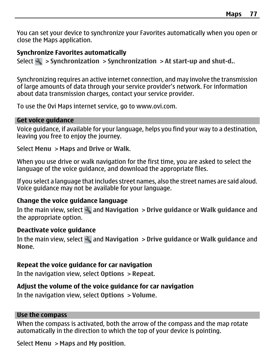 Get voice guidance, Use the compass | Nokia C5-03 User Manual | Page 77 / 116