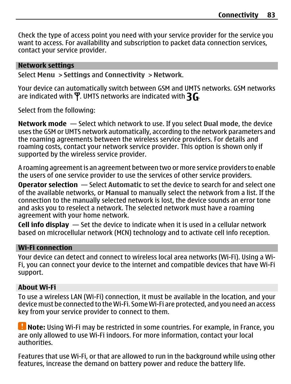 Network settings, Wi-fi connection, About wi-fi | Nokia C5-03 User Manual | Page 83 / 116