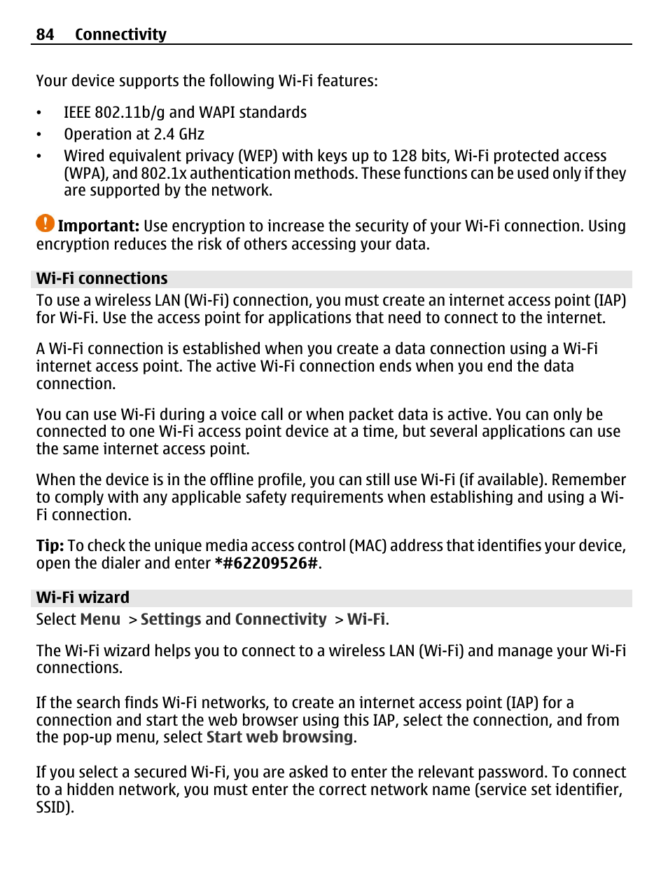 Wi-fi connections, Wi-fi wizard | Nokia C5-03 User Manual | Page 84 / 116