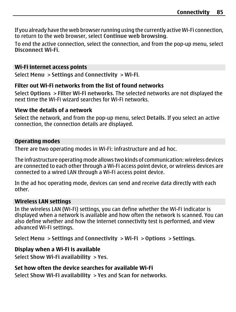 Wi-fi internet access points, Operating modes, Wireless lan settings | Nokia C5-03 User Manual | Page 85 / 116