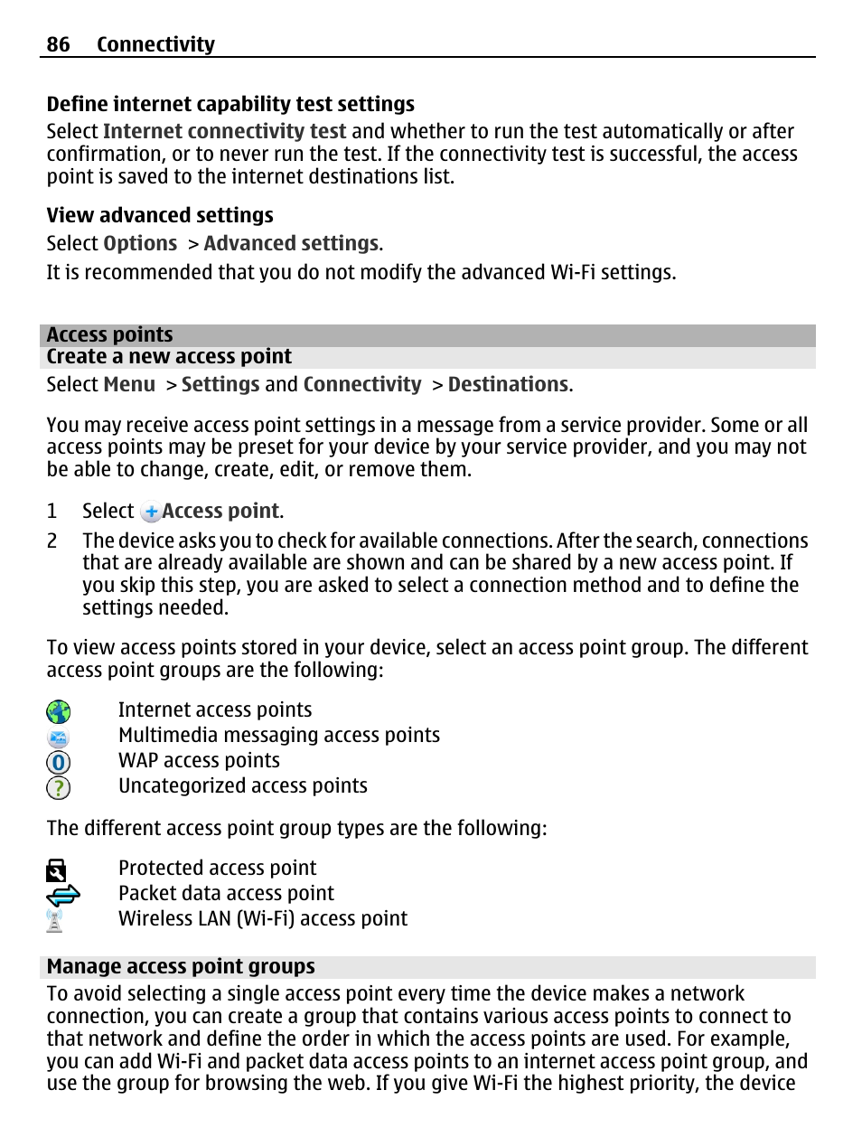 Access points, Create a new access point, Manage access point groups | Nokia C5-03 User Manual | Page 86 / 116