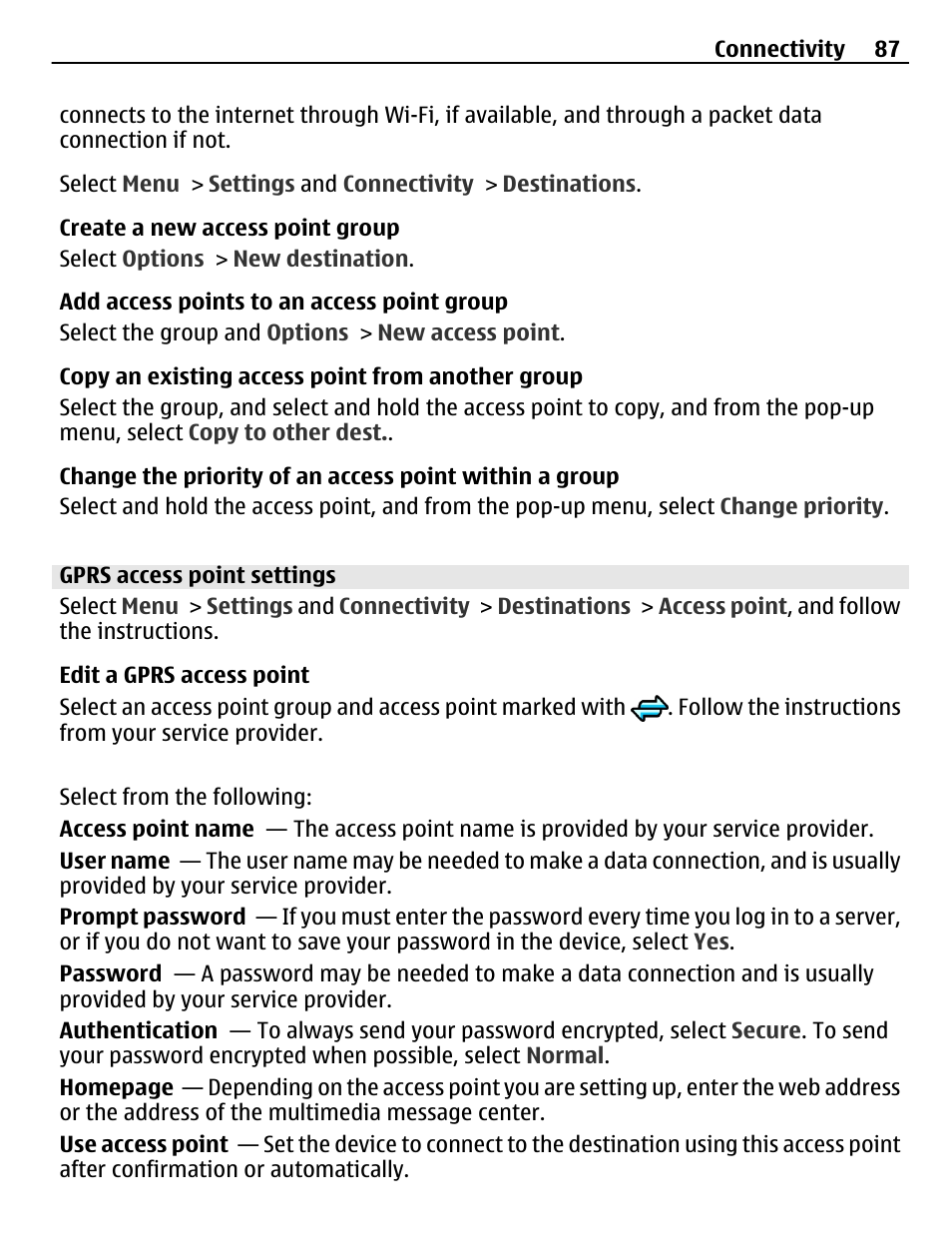 Gprs access point settings | Nokia C5-03 User Manual | Page 87 / 116
