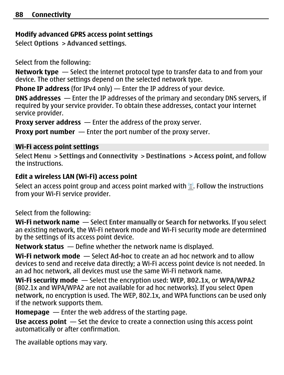 Wi-fi access point settings | Nokia C5-03 User Manual | Page 88 / 116