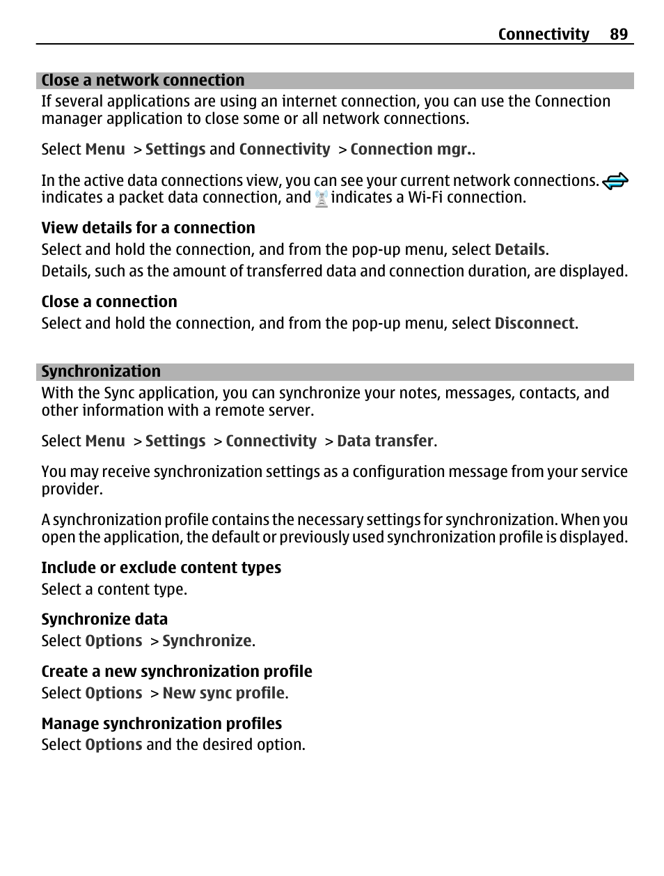 Close a network connection, Synchronization | Nokia C5-03 User Manual | Page 89 / 116