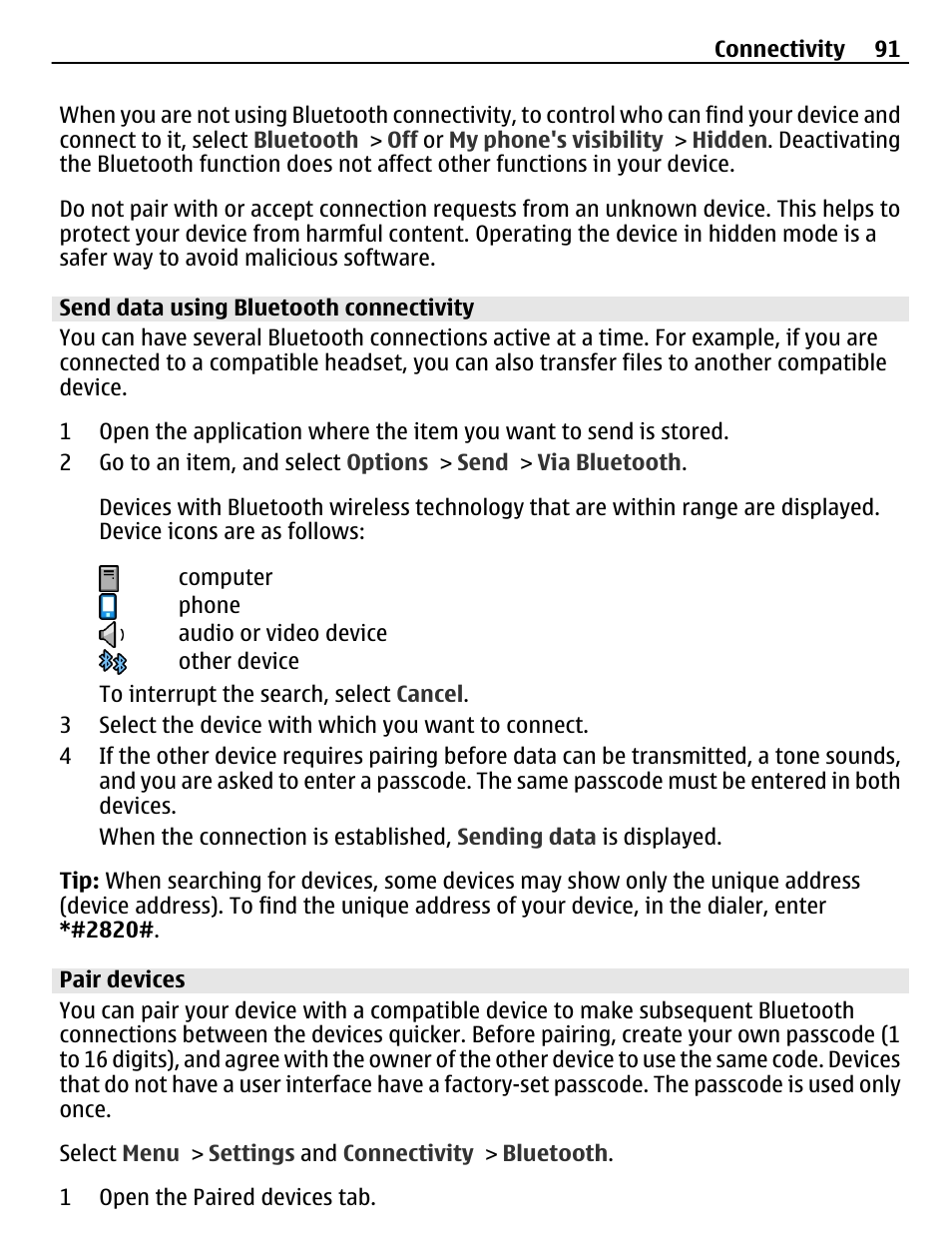 Send data using bluetooth connectivity, Pair devices | Nokia C5-03 User Manual | Page 91 / 116