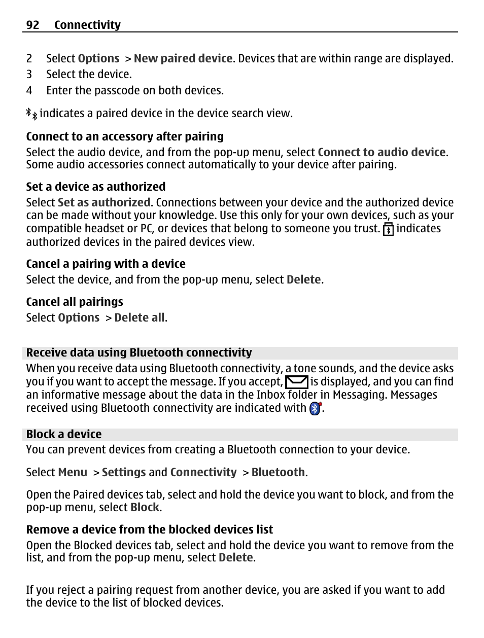 Receive data using bluetooth connectivity, Block a device | Nokia C5-03 User Manual | Page 92 / 116