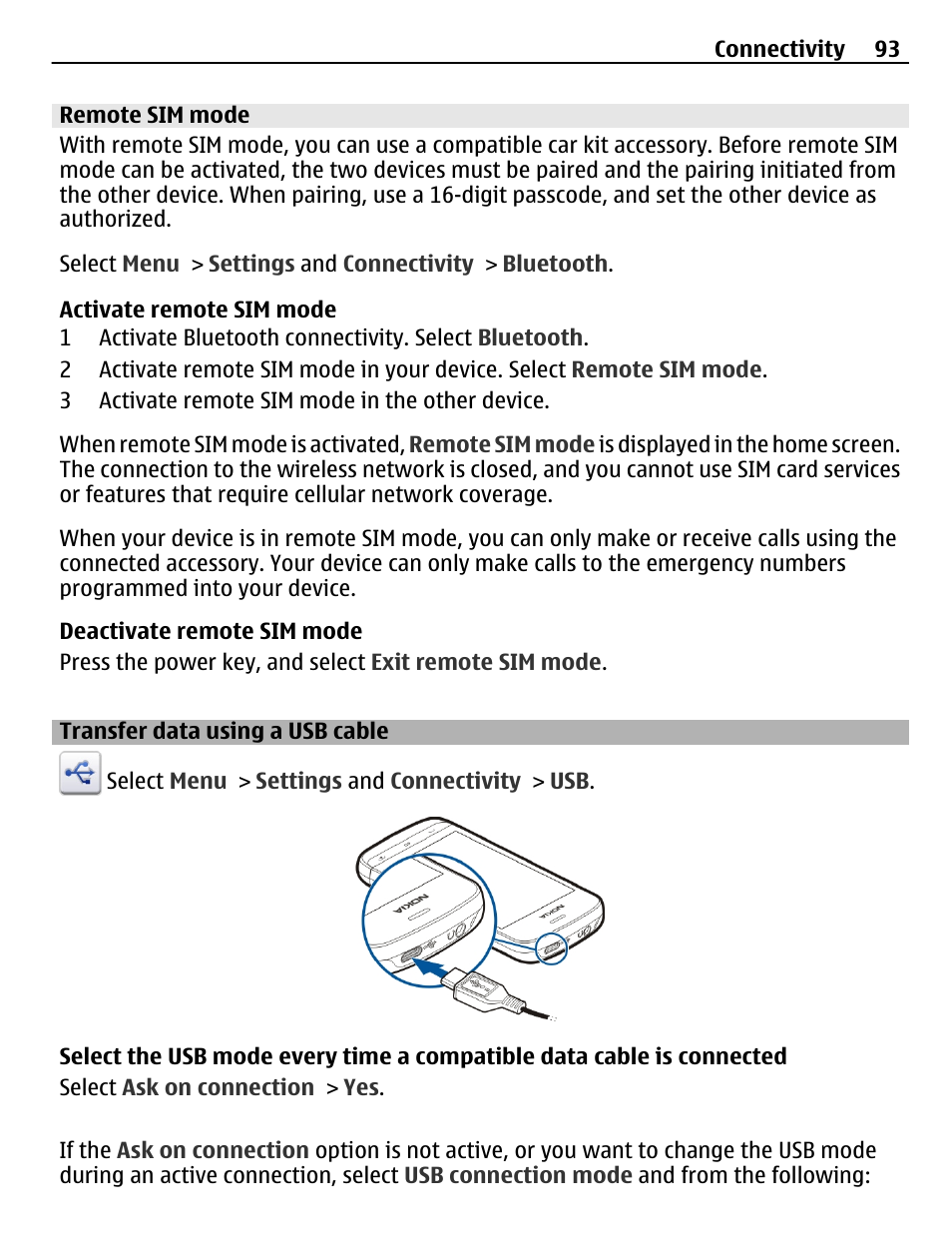 Remote sim mode, Transfer data using a usb cable | Nokia C5-03 User Manual | Page 93 / 116