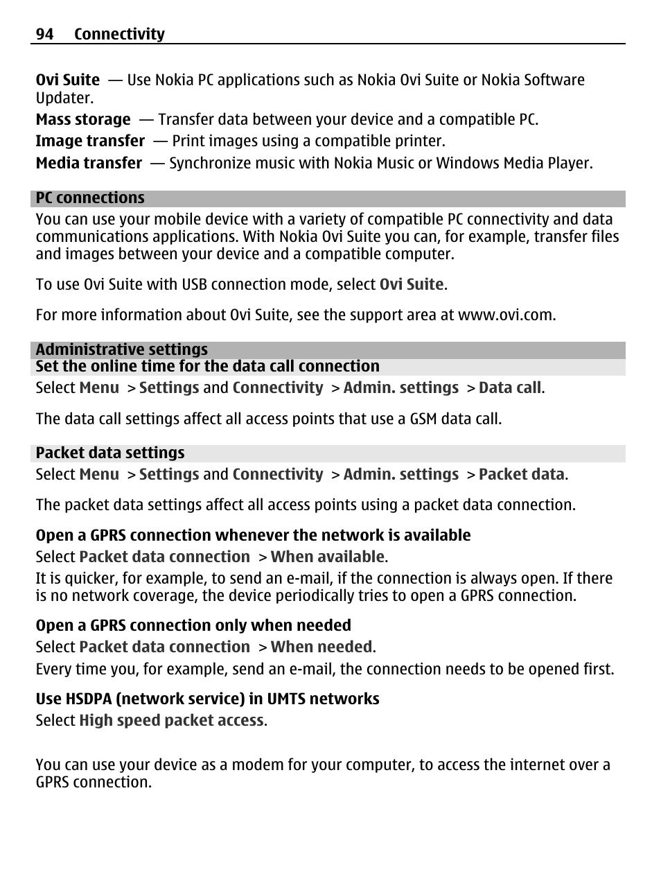 Pc connections, Administrative settings, Set the online time for the data call connection | Packet data settings | Nokia C5-03 User Manual | Page 94 / 116