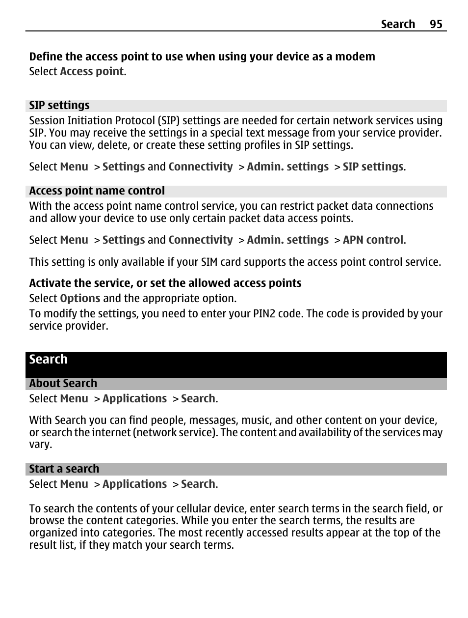 Sip settings, Access point name control, Search | About search, Start a search | Nokia C5-03 User Manual | Page 95 / 116